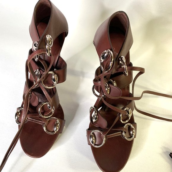 GUCCI Brown Leather Gladiator Sandals Bamboo lace up closure Platform 10 - Picture 4 of 5